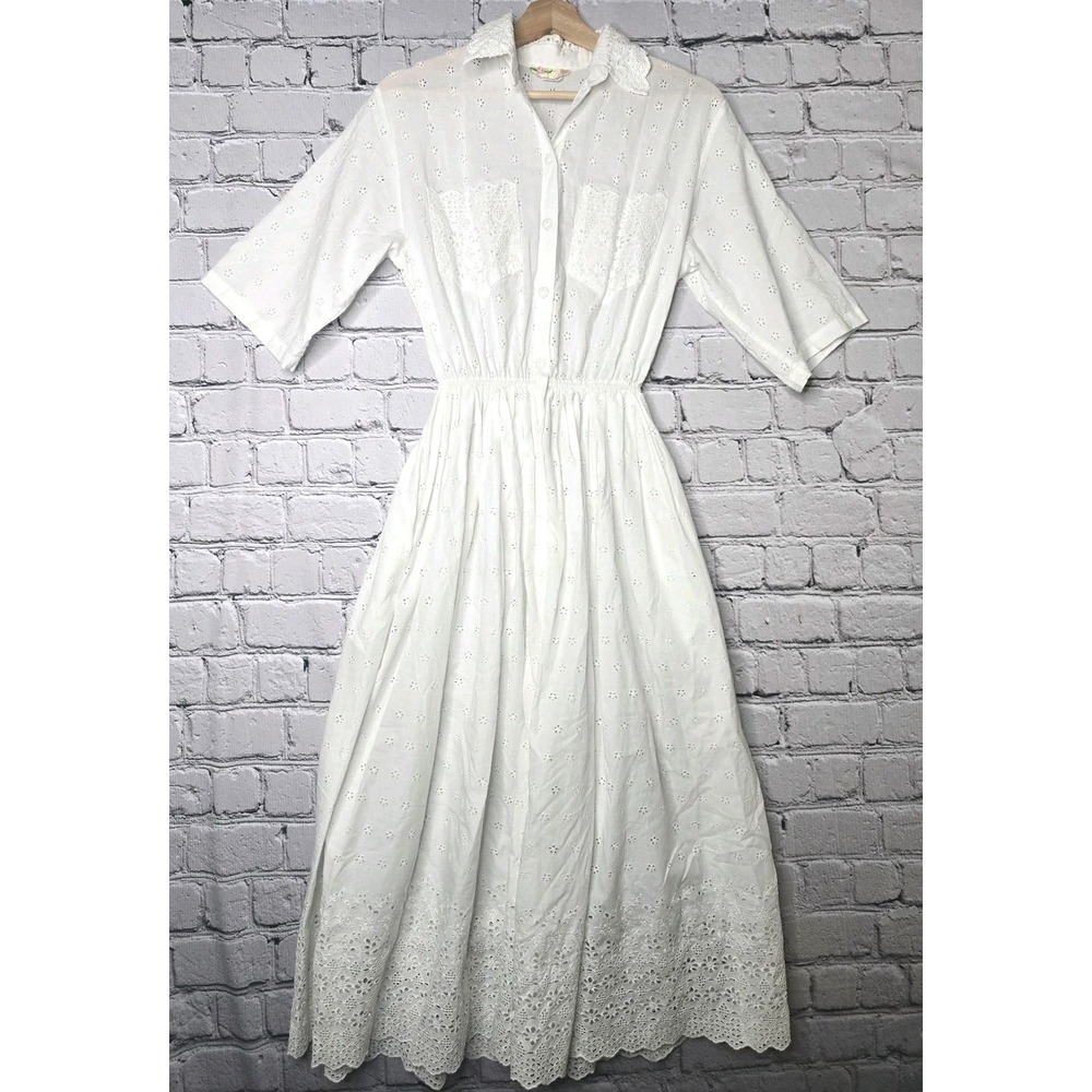 Vintage Bonnie Strauss 100% Cotton Made In USA White Eyelet Maxi Dress Size 4